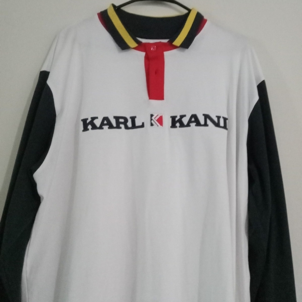 White & blue with red and yellow trim l/s Karl Kani polo